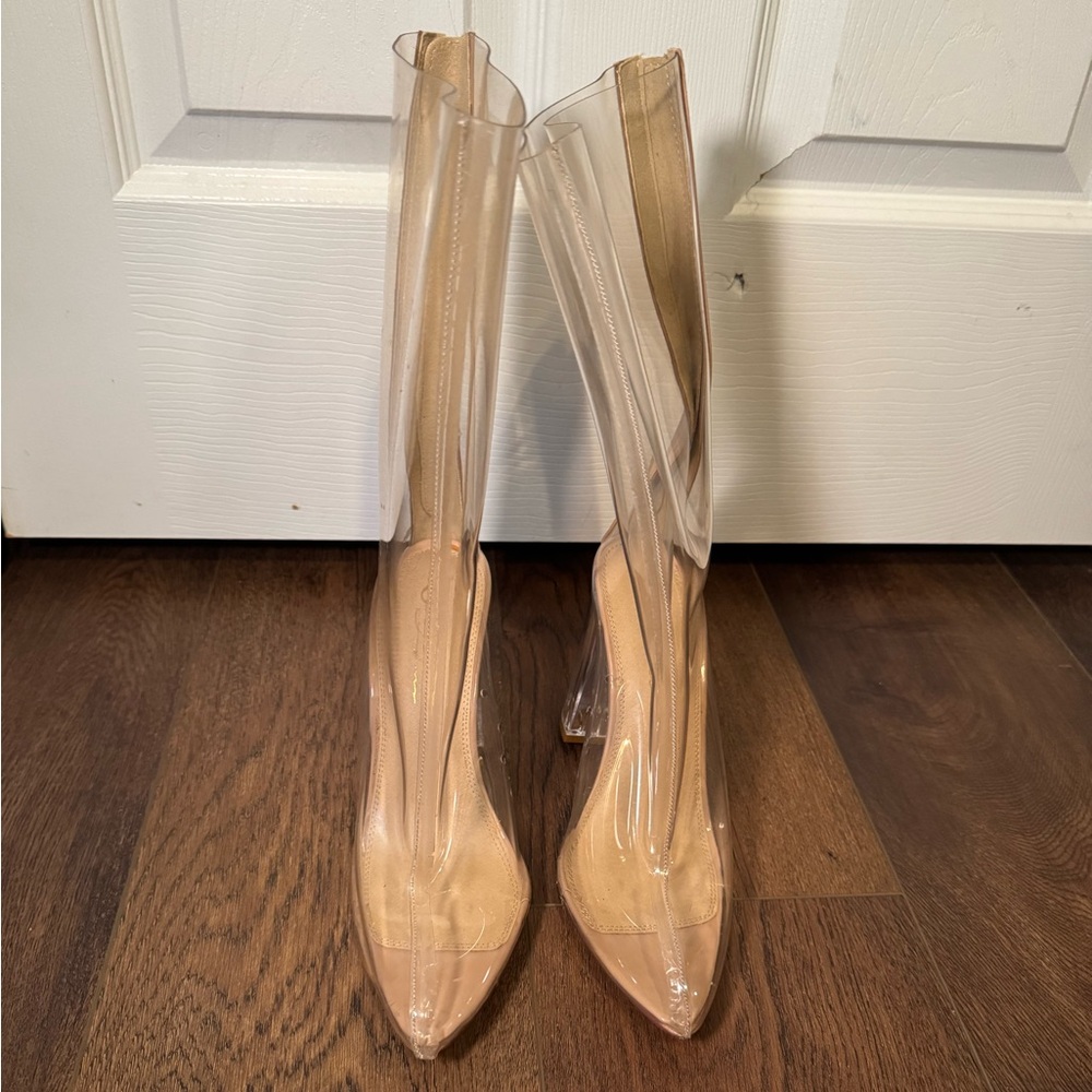 Clear mid Calf Pointed Toe Heeled Boots